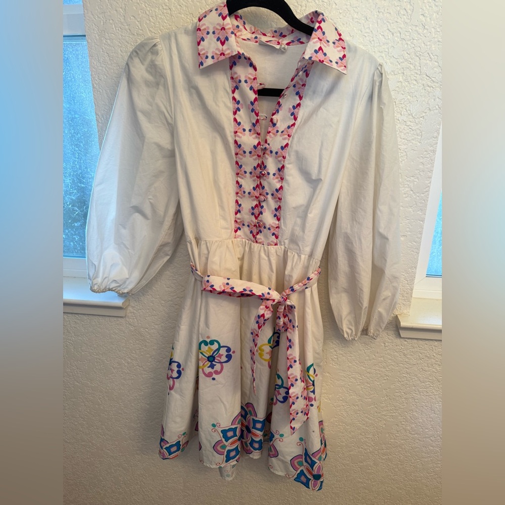 Hermoza Embroidered 100% Cotton Shirt Multi- Floral Cross Stitch Dress  S-Small